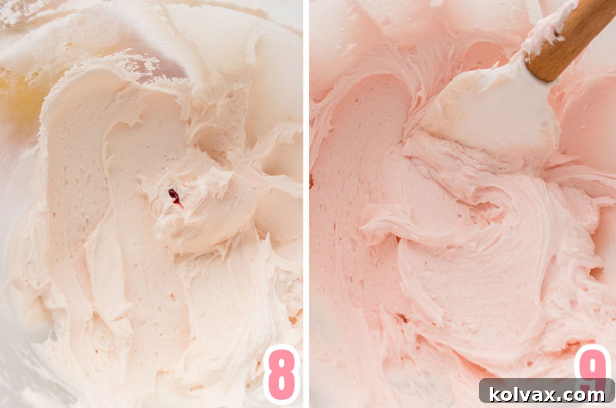 A collage demonstrating the optional step of adding a single drop of red food coloring to transform white buttercream into a beautiful light pink shade for Pink Lemonade Icing.