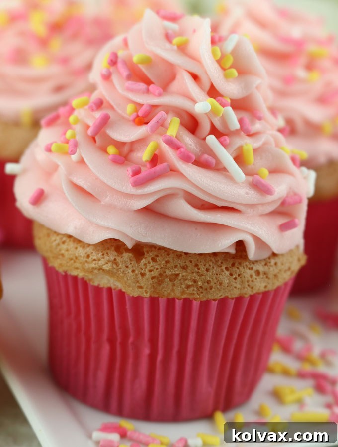 Pink Lemonade Cloud Cupcakes 5 Angel Food Cupcakes with swirled Pink Lemonade Frosting and festive sprinkles, ready to be enjoyed.