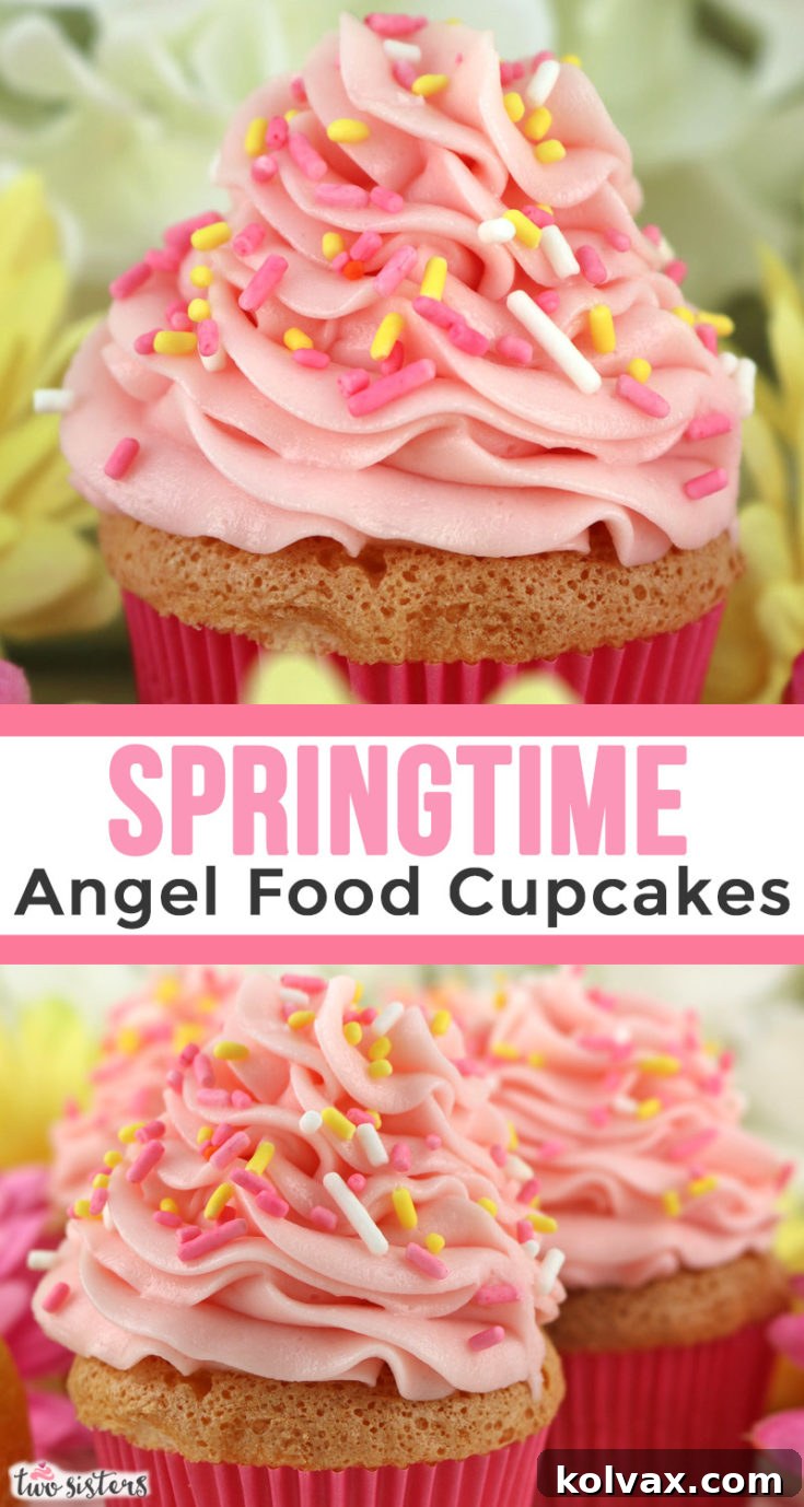 Pinnable image for Angel Food Cupcakes with Pink Lemonade Frosting