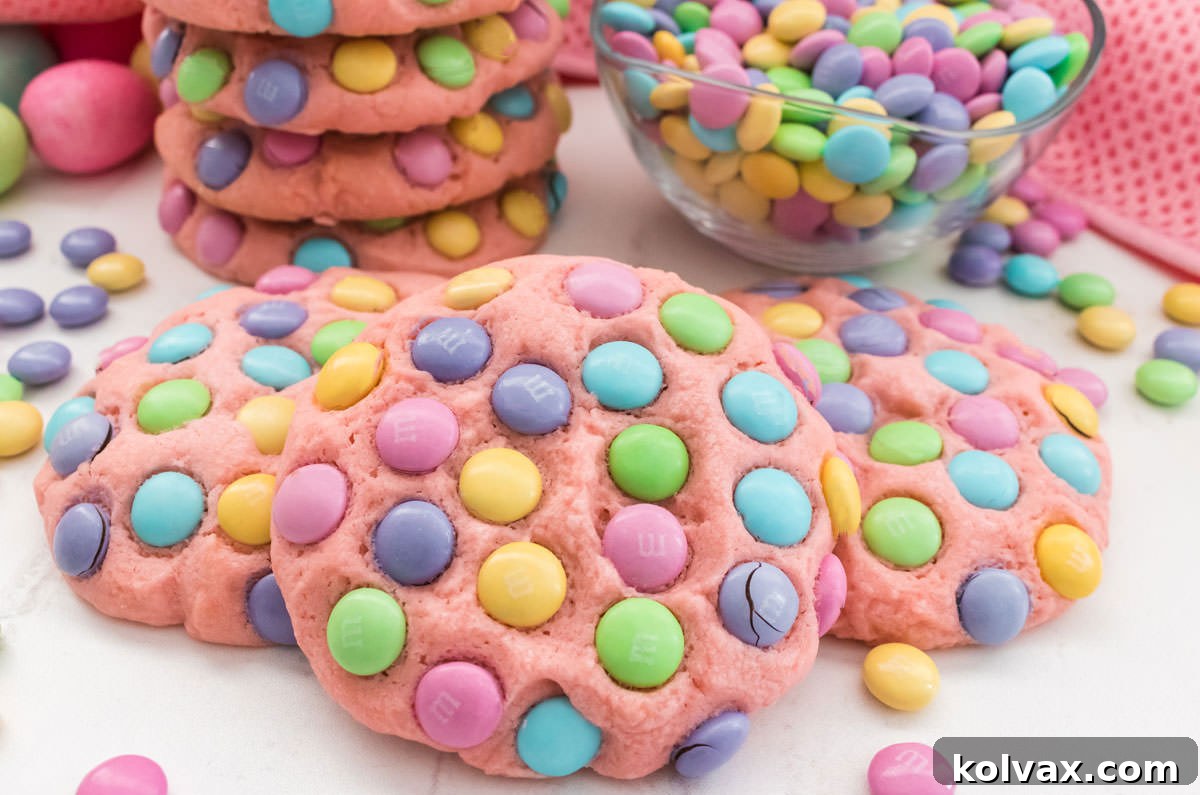 Three perfectly baked Easter M&M Sugar Cookies stacked on a white table, surrounded by a bowl overflowing with pastel M&M's and a larger stack of cookies in the background.