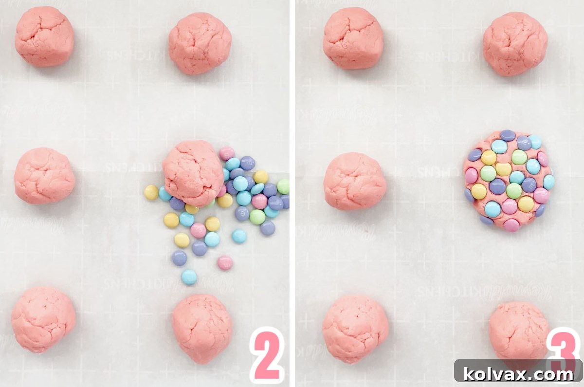 A four-panel collage showing the process of pressing Easter M&M's onto flattened sugar cookie dough balls on a baking sheet before baking.