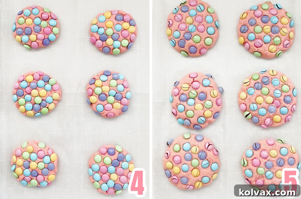 A two-panel collage showing a baking sheet full of unbaked M&M cookies ready for the oven on the left, and on the right, the same cookies perfectly golden brown and baked after coming out of the oven.