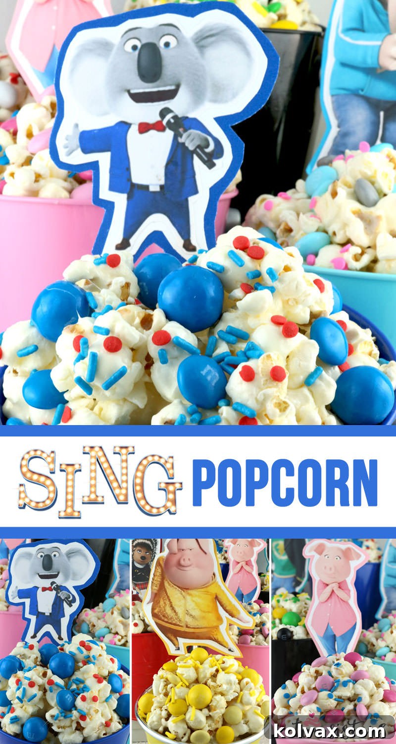 Sing Popcorn - a sweet and salty popcorn mixed with colorful candy mix-ins dedicated to the characters of the movie Sing. A fun anytime snack that would also be a great Party food at a Sing Birthday Party or a special treat for a Sing Family Movie Night. Pin this easy to make dessert for later and follow us for more great Popcorn Recipe Ideas. #SingMovie #Popcorn #PopcornTreat