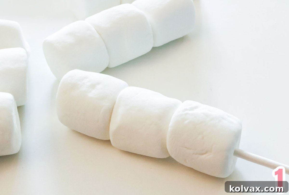 How-to photo illustrating the process of placing three marshmallows onto a lollipop stick, ensuring they are evenly spaced and secure.