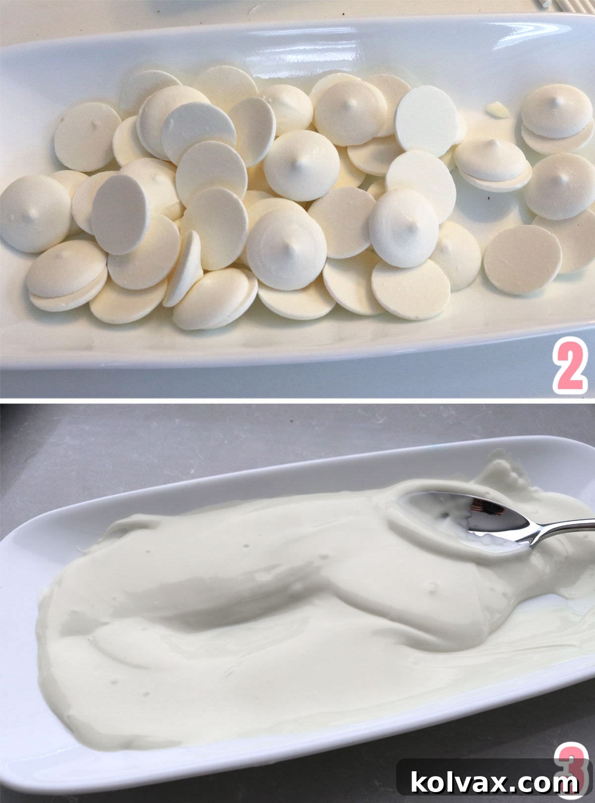 Collage image demonstrating the microwave method for melting white chocolate melting wafers in a shallow pan, showing stages from solid to smooth, melted chocolate.