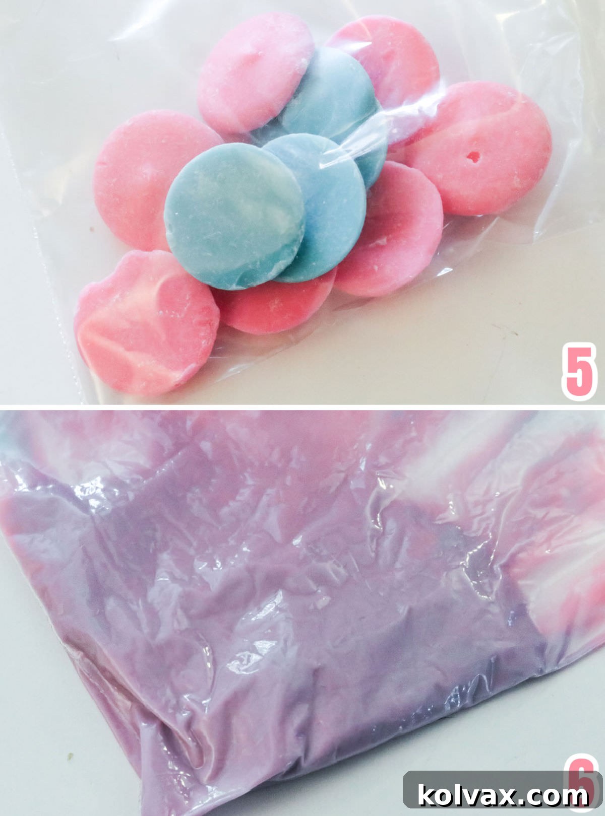 Collage image showing the process of melting various colored candy melts in plastic baggies and then snipping the tip to prepare for drizzling onto marshmallow pops.