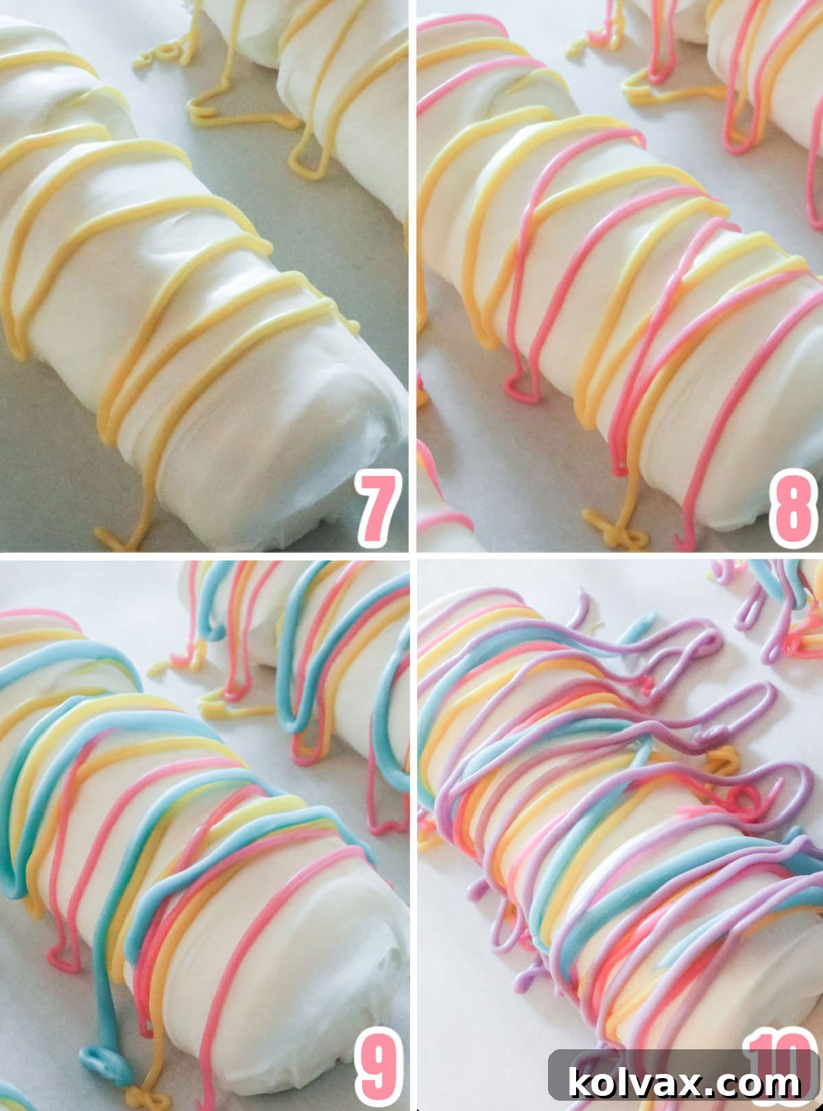 Collage image showcasing the step-by-step process of decorating marshmallow pops with pastel-colored candy melt drizzles, demonstrating artistic patterns.