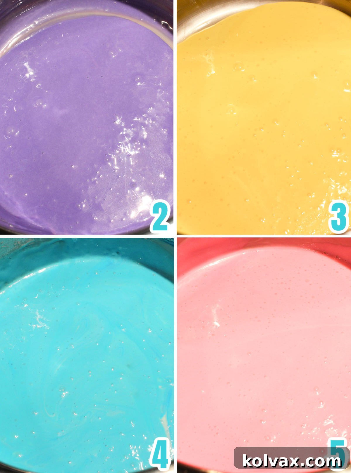 Festive Krispie Squares 4 Collage of images demonstrating the process of adding various food colorings to separate batches of melted marshmallow mixture before mixing with cereal.