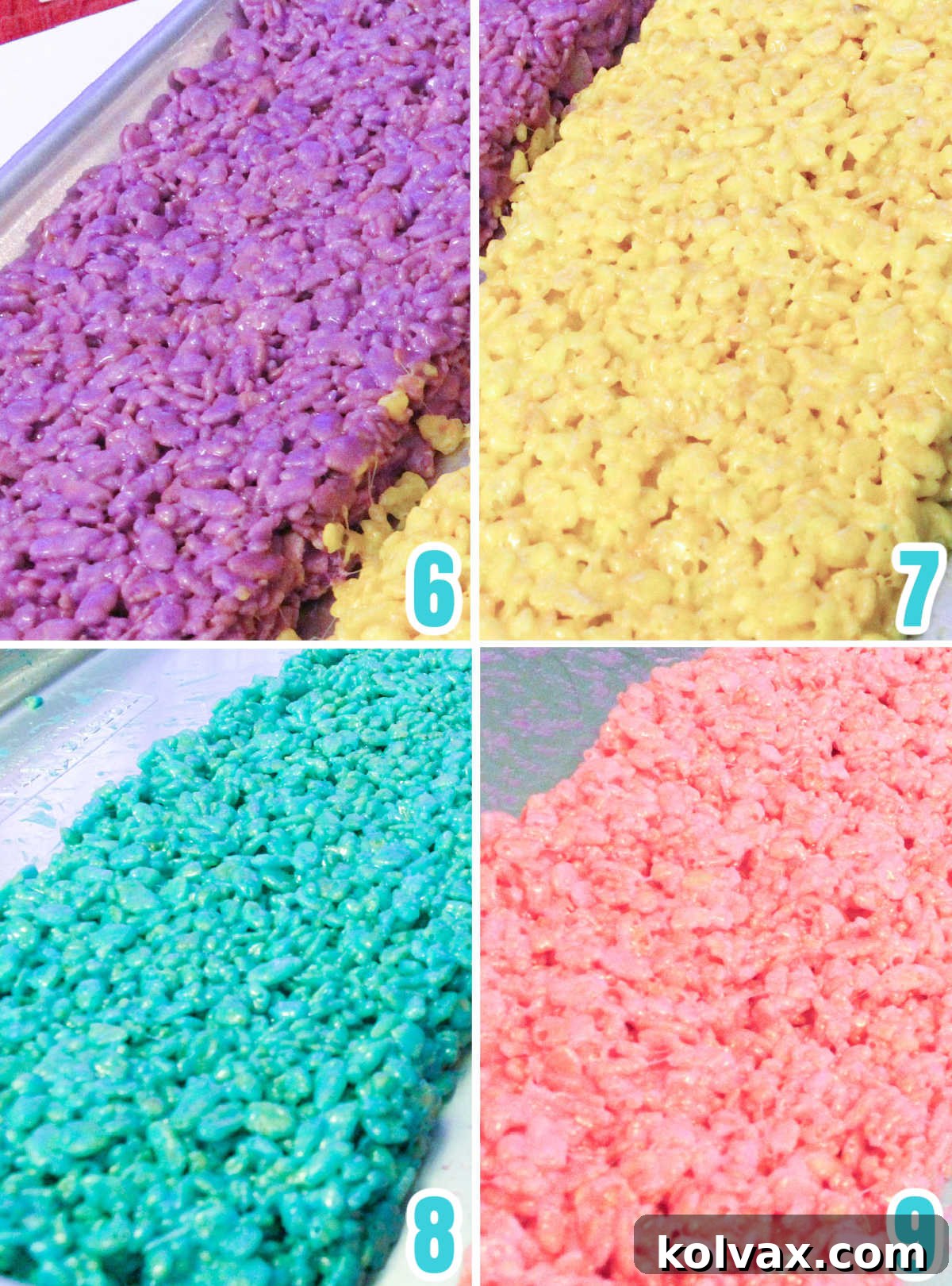 Festive Krispie Squares 5 Collage showing the process of spreading each individual colored Rice Krispie Treat mixture into a uniform row on a large cookie sheet.