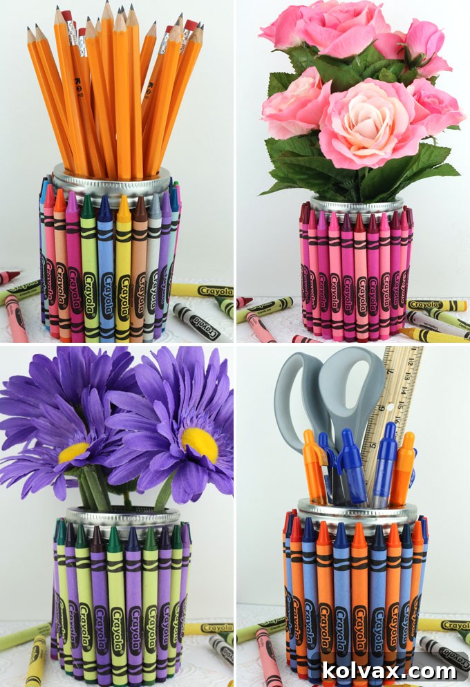 Close-up of crayons being meticulously glued around a Mason jar for a DIY teacher gift