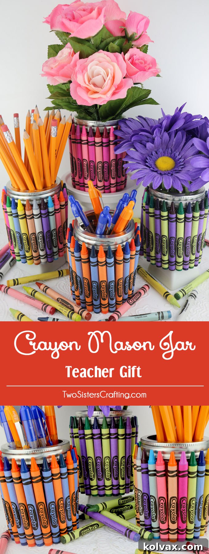 Collection of colorful Crayon Mason Jar Teacher Gifts, showcasing various color patterns
