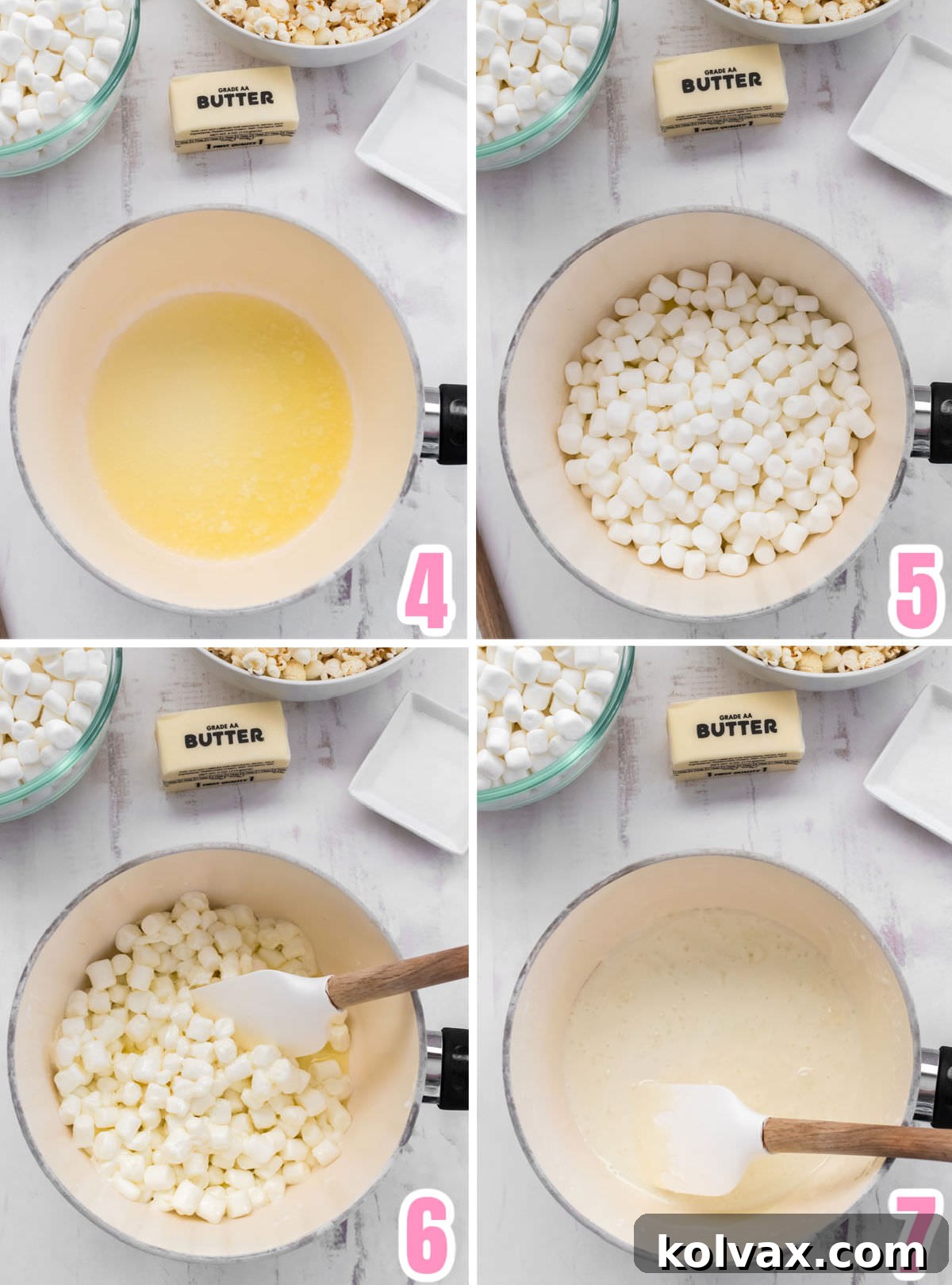 Collage image showing how to make the marshmallow mixture for the Trolls Popcorn.