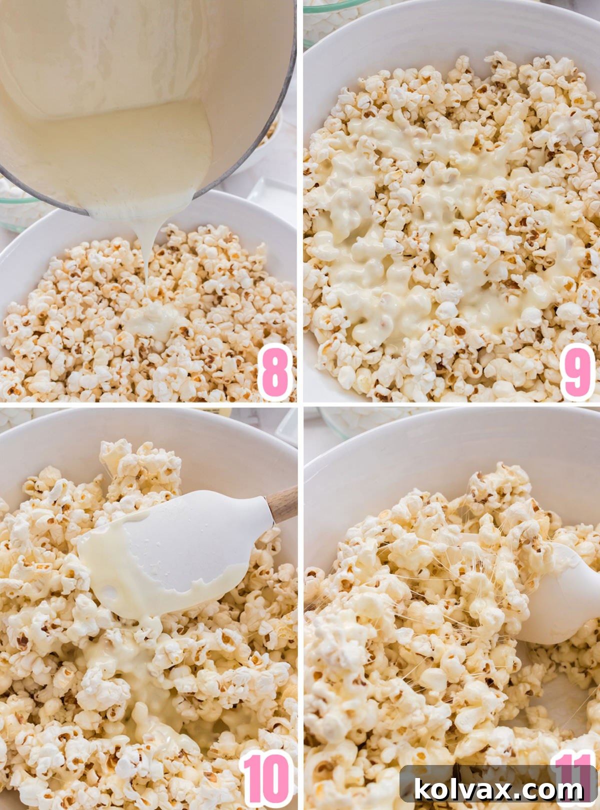 Collage image showing how to mix the popcorn with the marshmallow mixture.