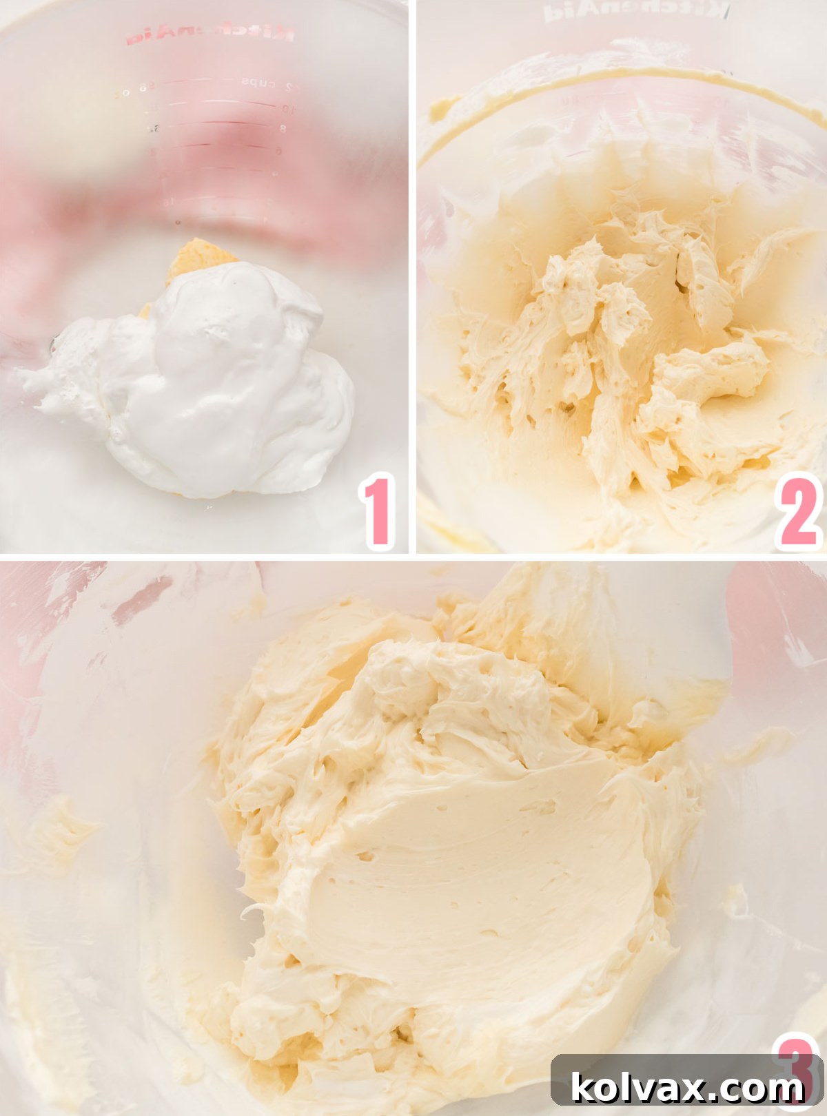 Collage image showing how to mix the Marshmallow Fluff and the Butter.