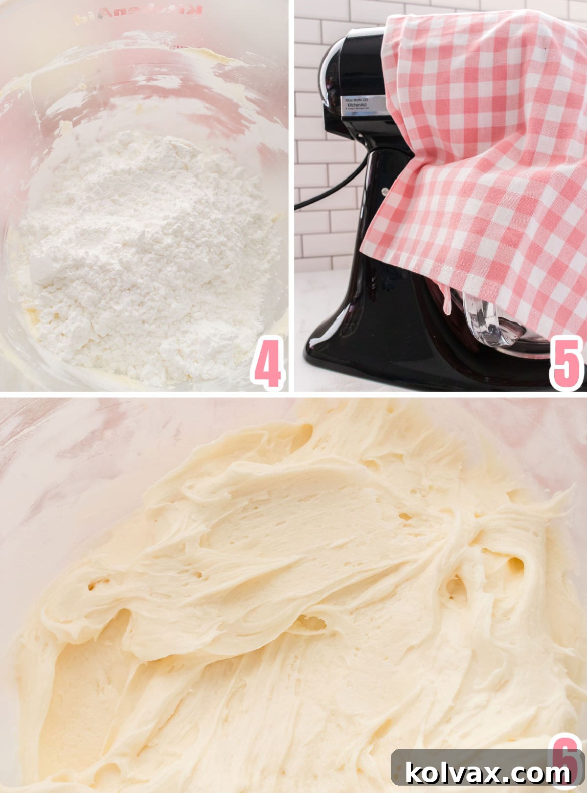 Collage image showing how to mix the powdered sugar with the butter and marshmallow creame.