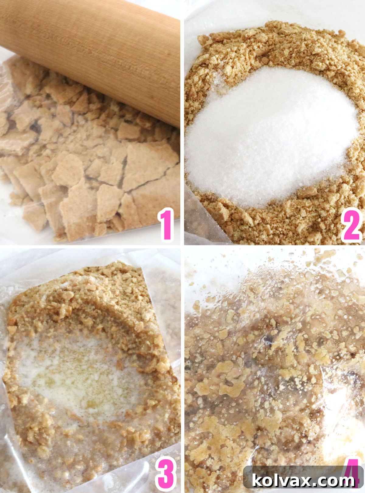 Collage image showing the steps for making a graham cracker crust: crushing crackers in a bag, adding sugar, pouring in melted butter, and mixing by hand.