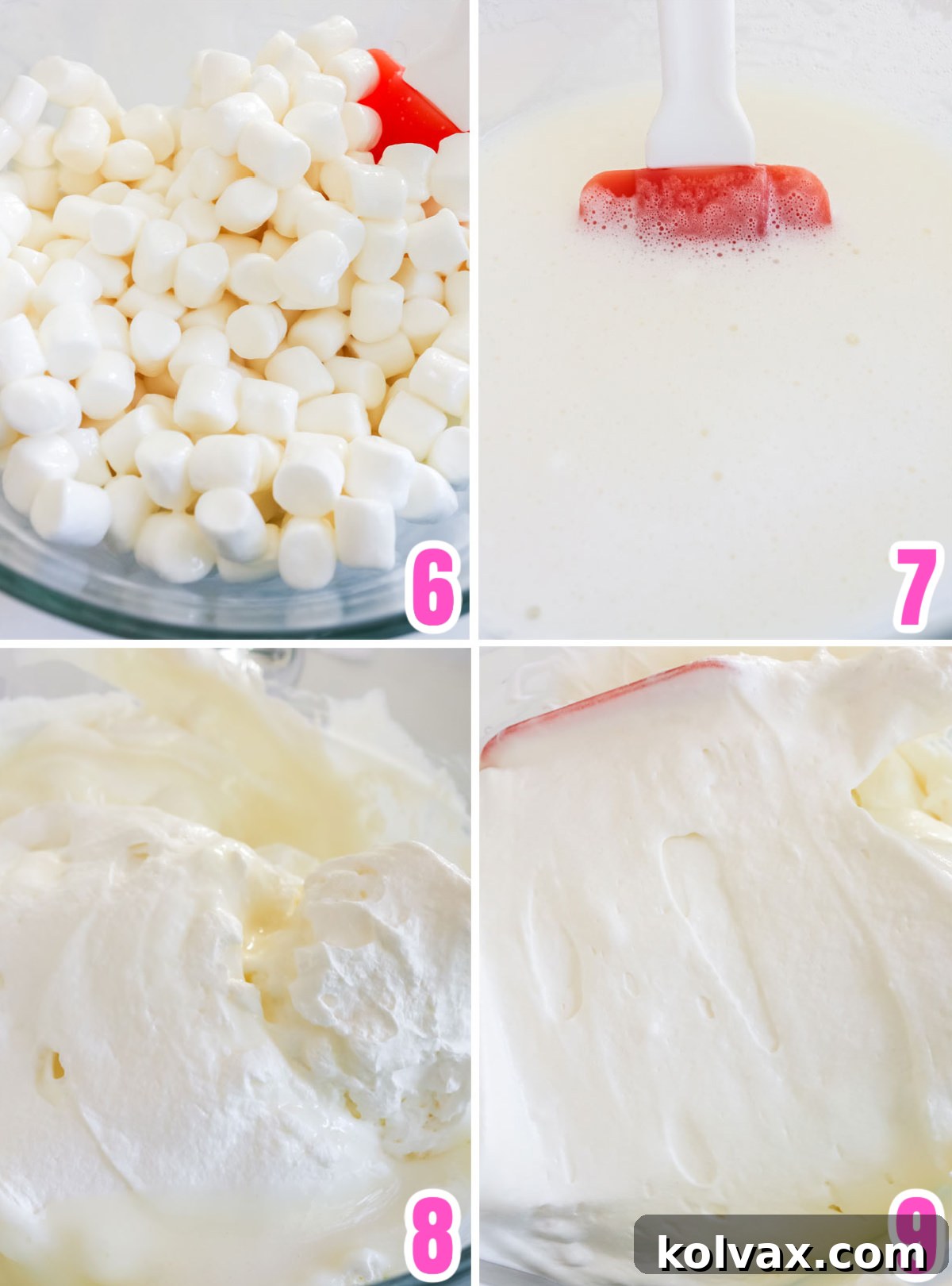 Collage image showing the steps for making the Marshmallow Filling for the S'more Pie: melting marshmallows with milk, cooling in the fridge, and gently folding in Cool Whip.