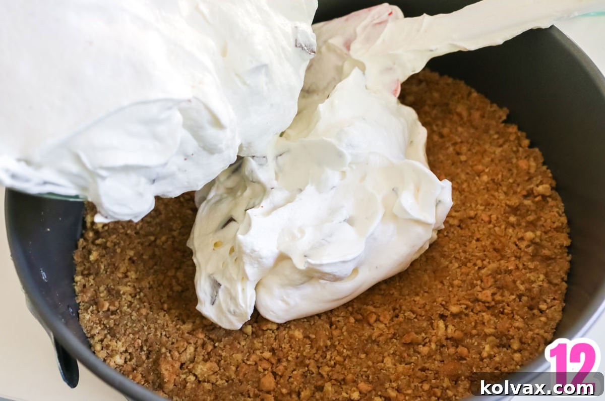 Pouring the luscious marshmallow and chocolate filling into the springform pan, carefully layering it over the prepared graham cracker crust.