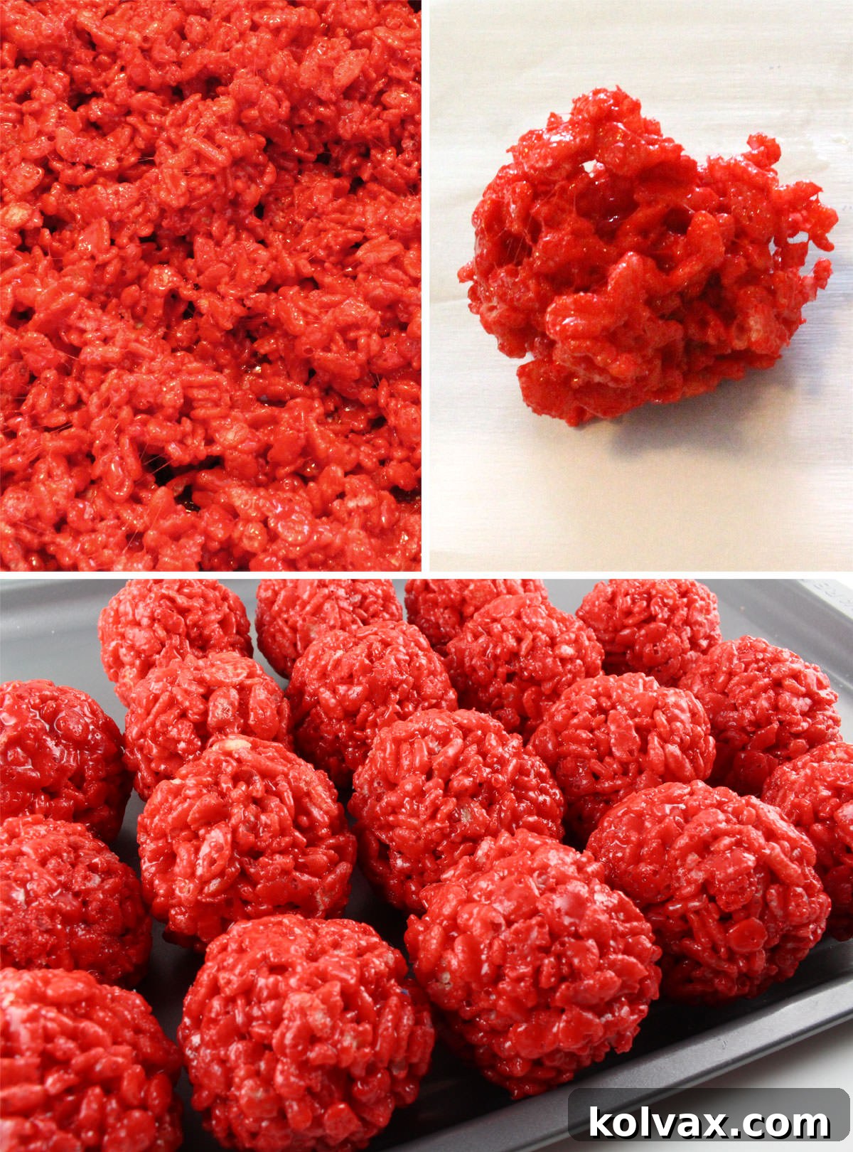 Collage image showing how to make Red White Krispie Treat Bites.