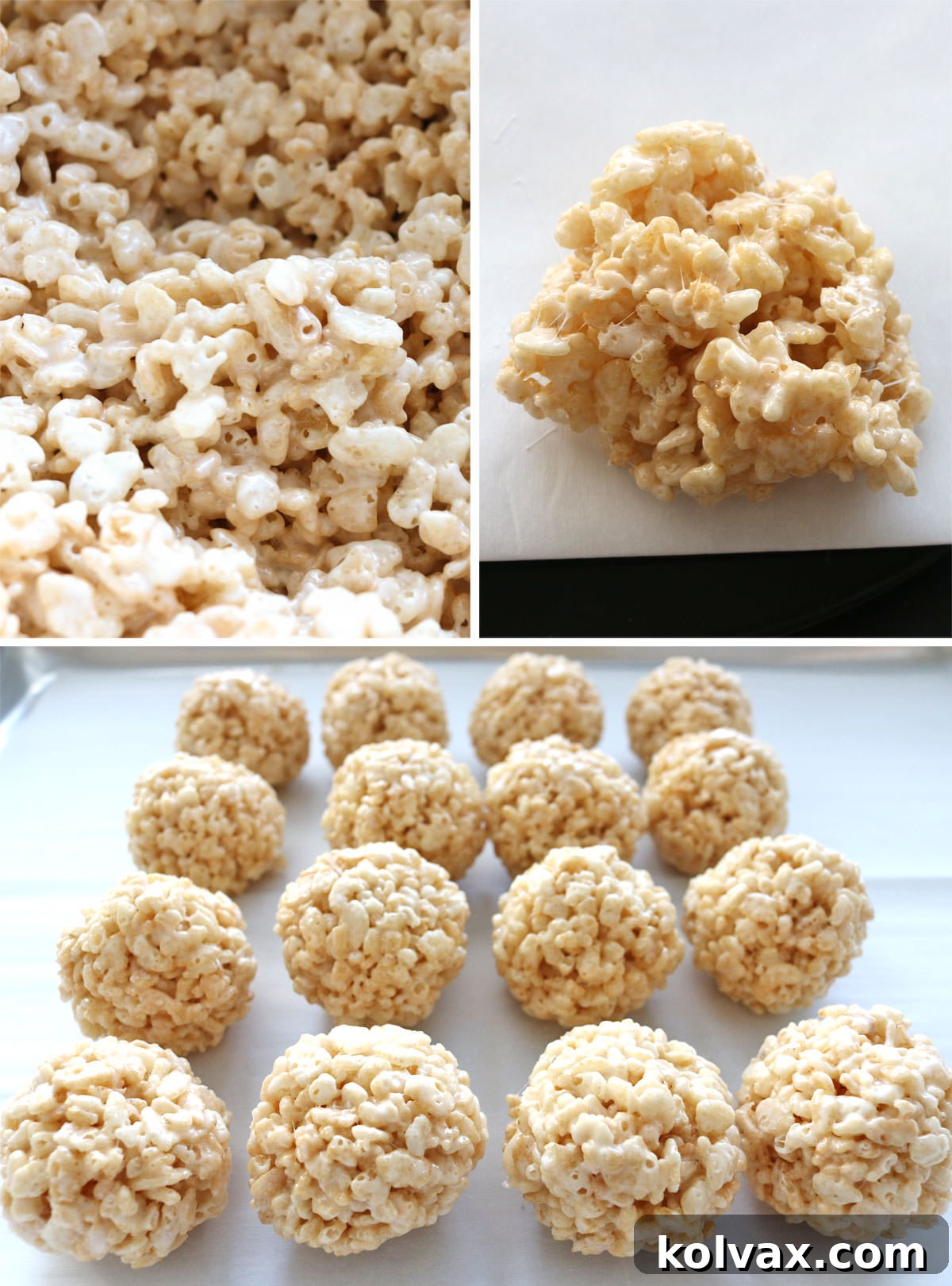 Collage image showing how to make White Rice Krispie Treat Bites.