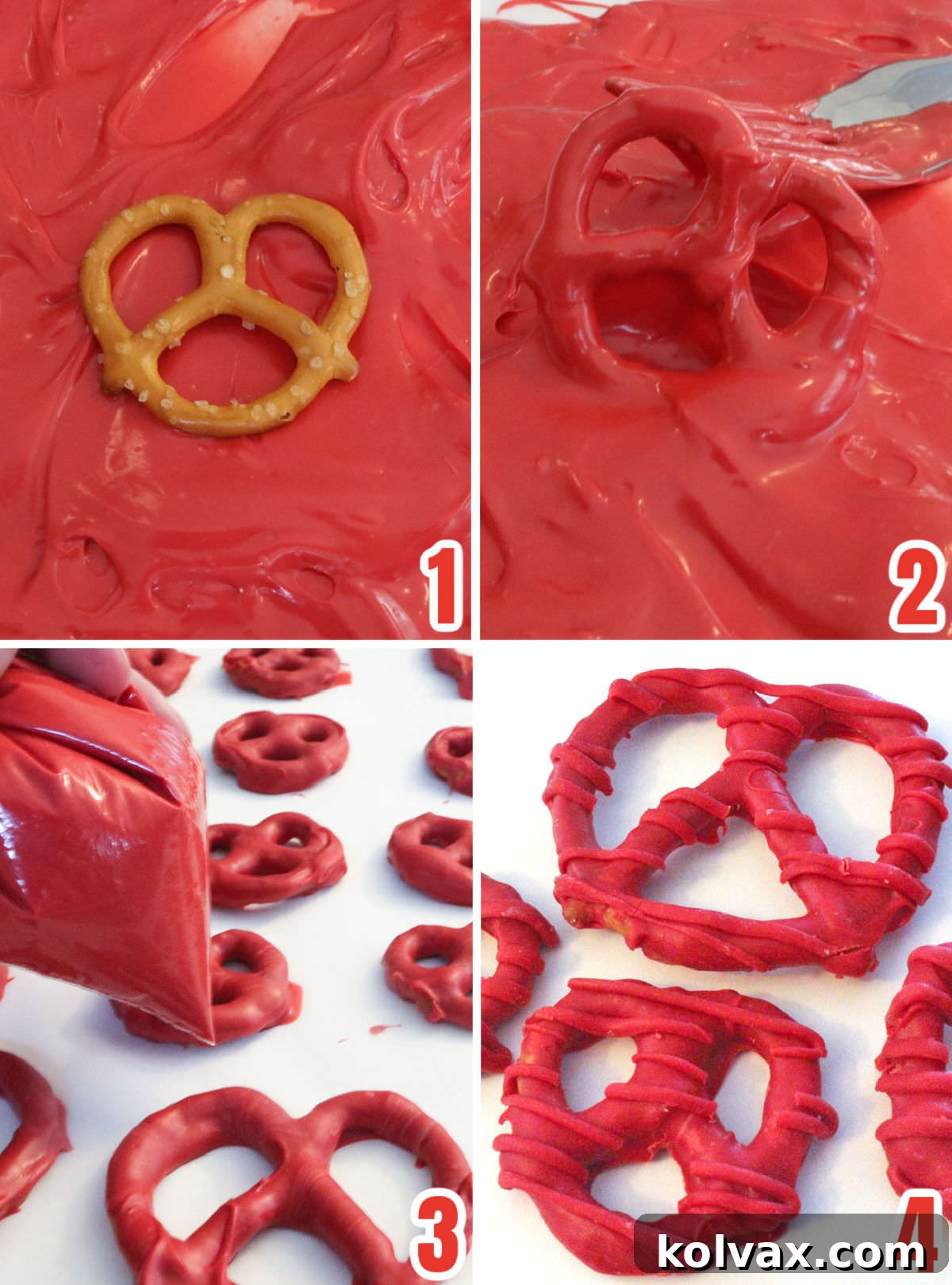 Collage image demonstrating the process of covering pretzels in melted candy melts, followed by an artistic decorative drizzle, crucial steps for making patriotic treats.