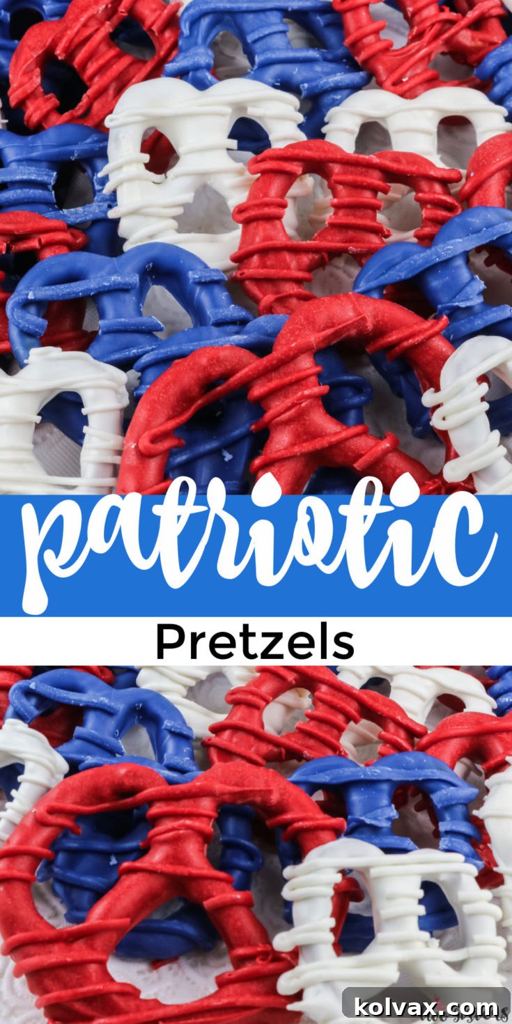 Patriotic Pretzels with red, white, and blue candy coating