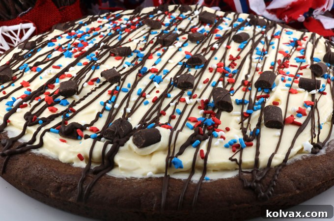 Close-up of a festive and delicious Patriotic Ice Cream Cookie Pizza
