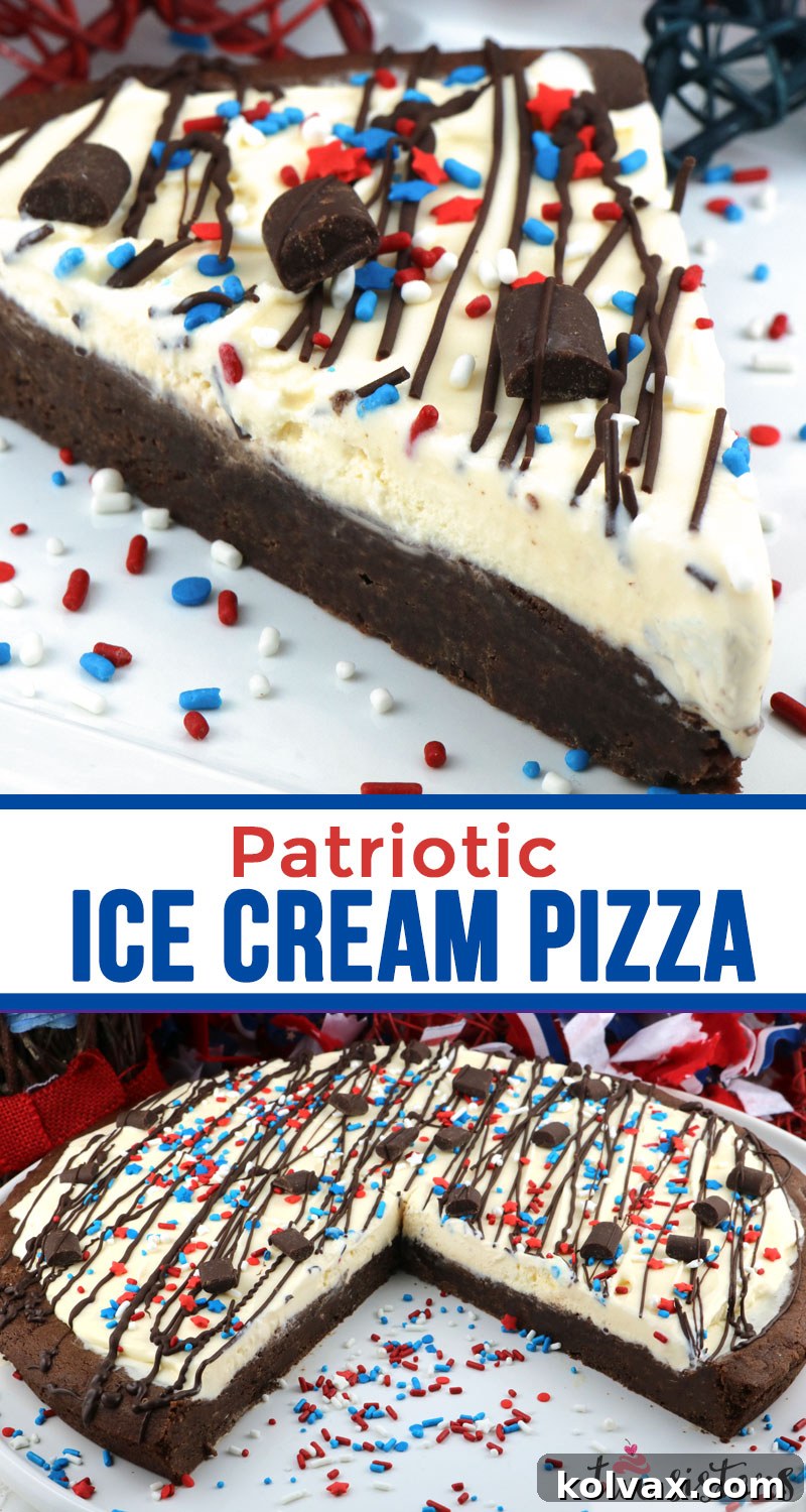 Full view of the Patriotic Ice Cream Cookie Pizza, ready to be served