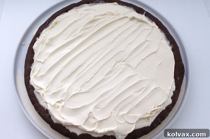 Spreading softened vanilla ice cream onto a chocolate cookie base