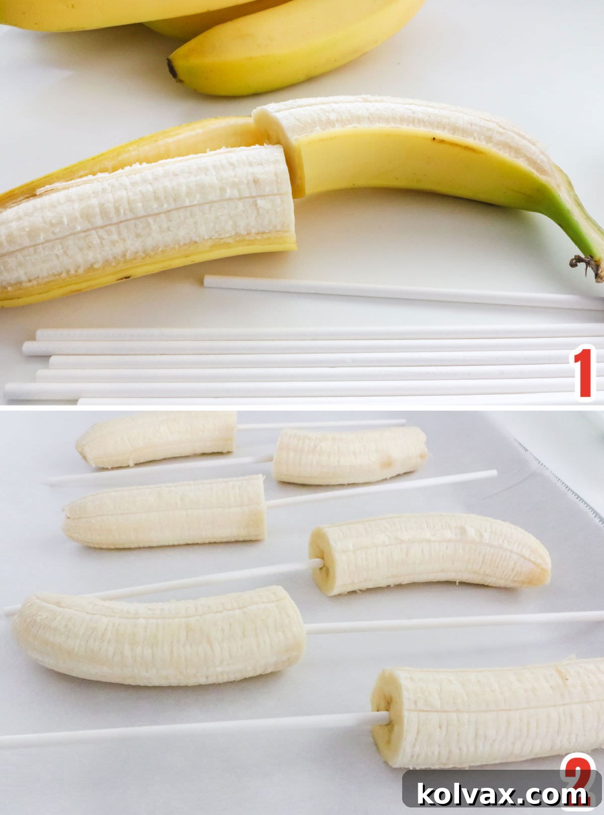 A collage demonstrating how to prepare bananas for freezing: peeling, cutting in half, and skewering each piece with a lollipop stick.
