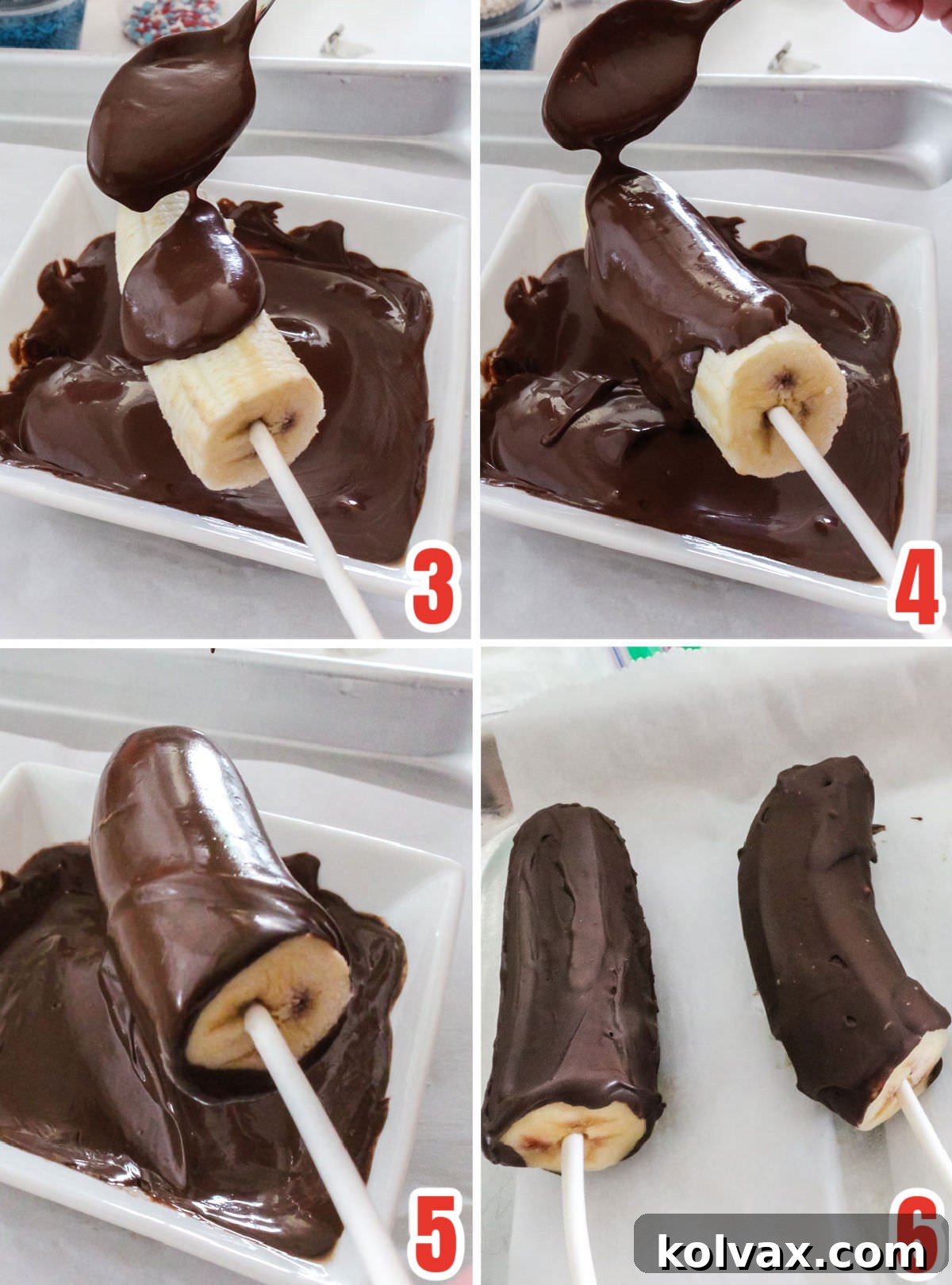 A collage showing the process of dipping frozen bananas into melted chocolate and placing them back on a tray.