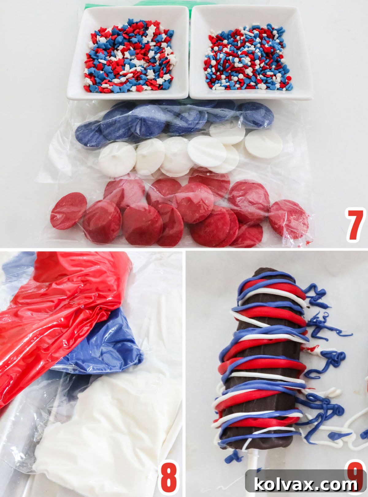 A collage demonstrating how to decorate Frozen Chocolate-Covered Bananas with colorful candy melt drizzles for a festive look.