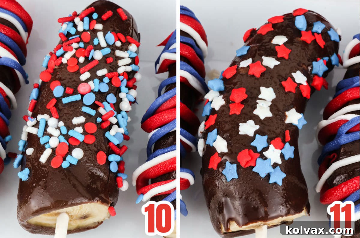 A collage showing how to decorate Frozen Chocolate-Covered Bananas with festive sprinkles for a quick and colorful topping.