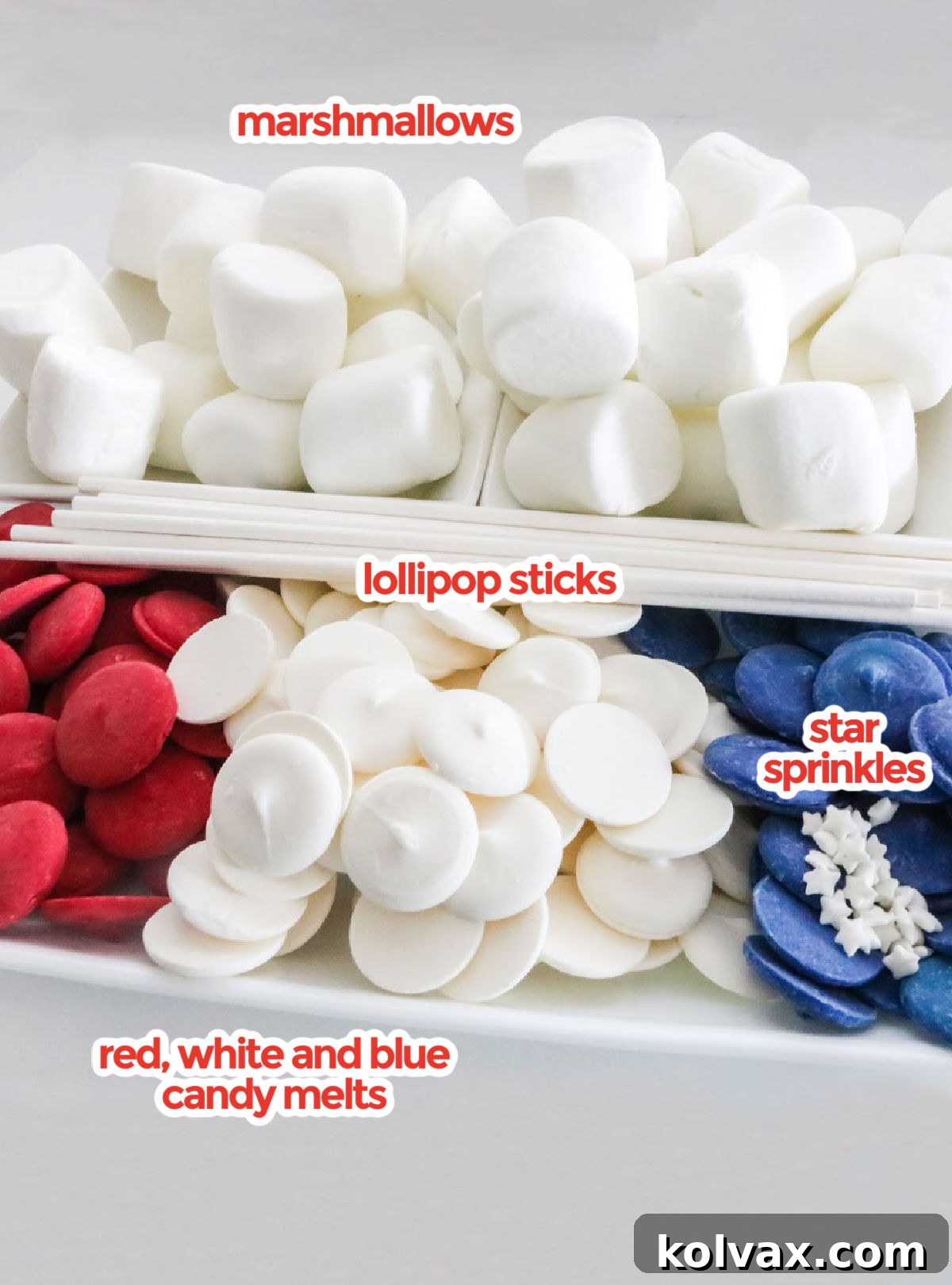 Red White and Blue Marshmallow Pops 3 All the ingredients you will need to make American Flag Marshmallow Pops including marshmallows, lollipop sticks, and red, white and blue candy melts. Essential items for a festive 4th of July dessert.