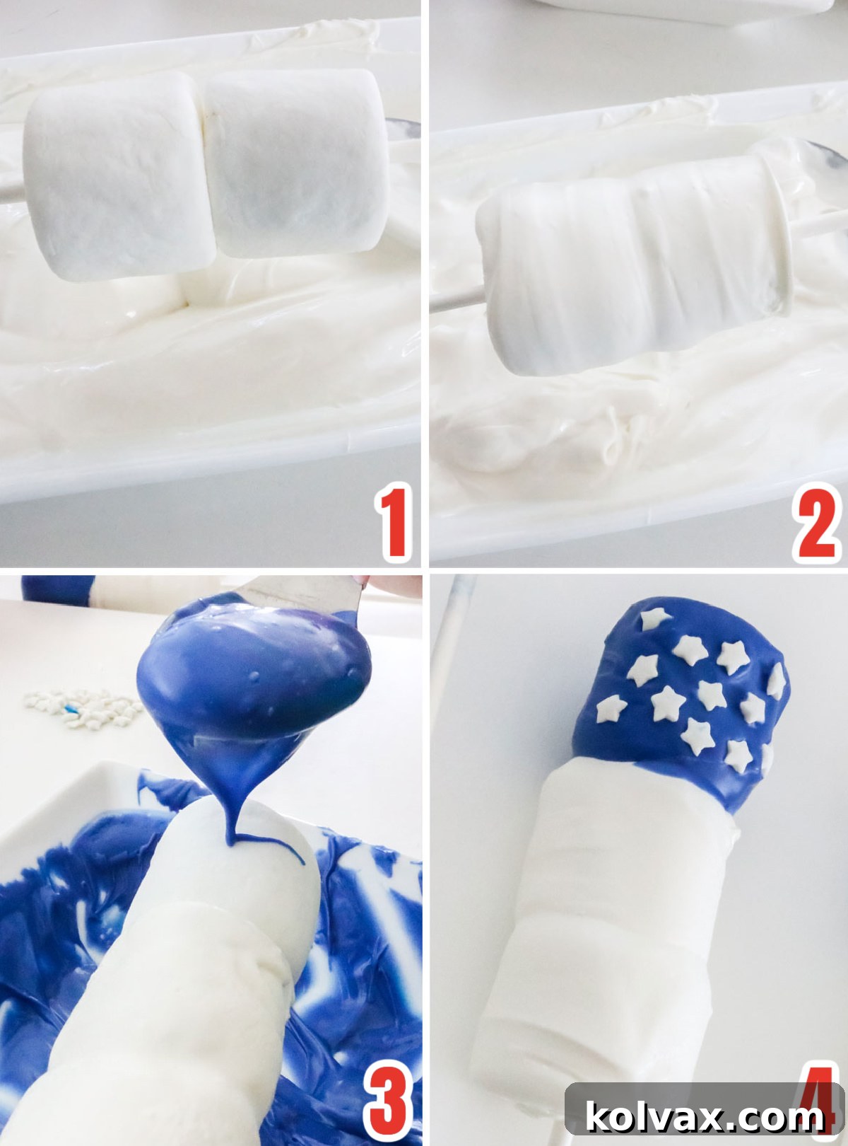 Red White and Blue Marshmallow Pops 4 Collage image showing how to use melted candy melts to cover the marshmallows to create the marshmallow pop. Detailed steps for a patriotic 4th of July dessert.