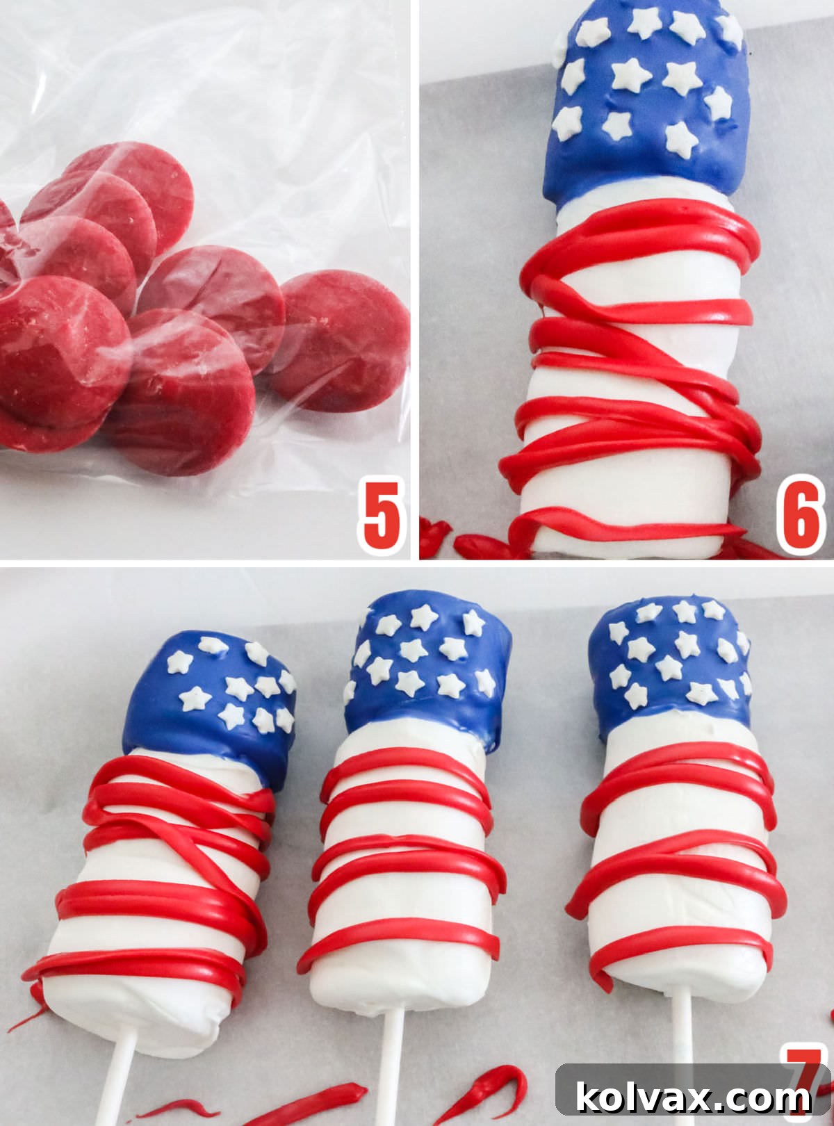 Red White and Blue Marshmallow Pops 5 Collage image showing how to use Red Candy Melts to add the red strips for the American Flag. Step-by-step for a festive 4th of July dessert.