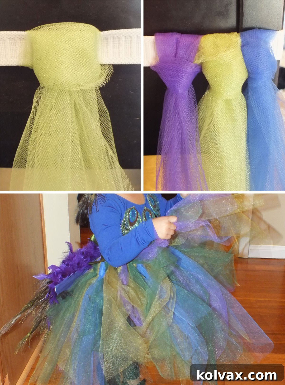 Make Your Own Majestic Peacock Outfit 4 Collage image showing the steps for making a DIY tutu skirt for the DIY Peacock Costume.