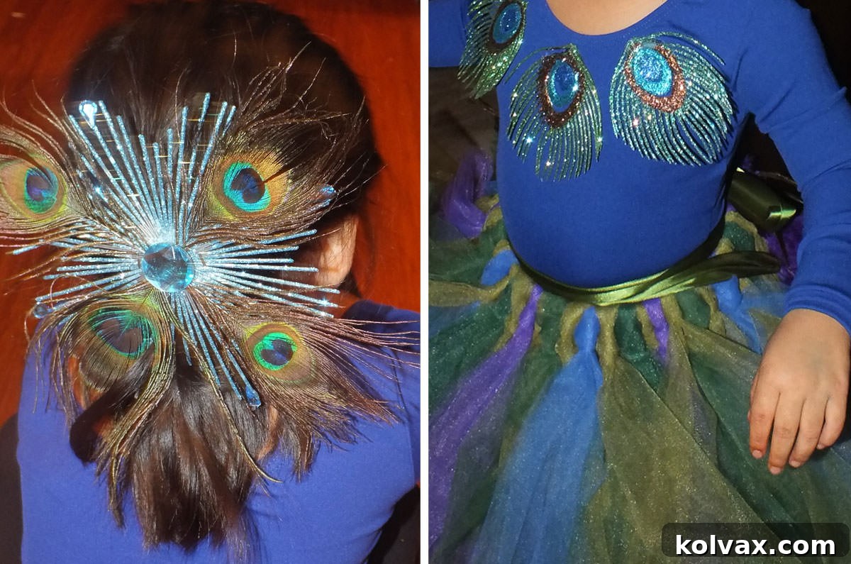 Make Your Own Majestic Peacock Outfit 5 Close up on the details of the Peacock Costume top and the hairpiece.