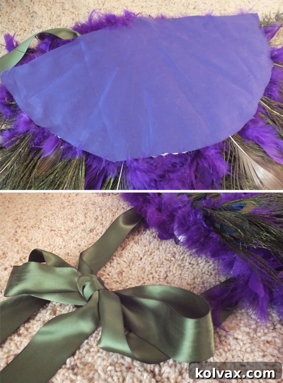 Make Your Own Majestic Peacock Outfit 7 Collage image showing how to add the finishing touches to the DIY Peacock Bustle for the Kid's Halloween Costume.
