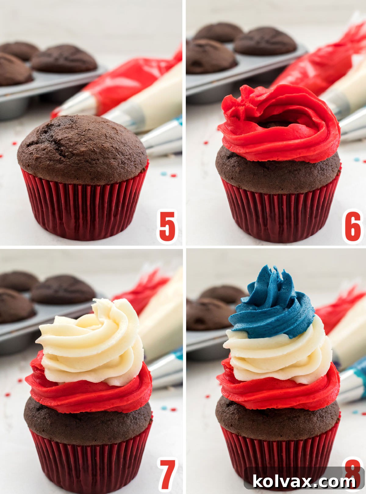 A step-by-step collage illustrating the precise technique for creating the multi-colored swirl frosting design on a Patriotic Swirl Cupcake, demonstrating the layering of red, white, and blue.