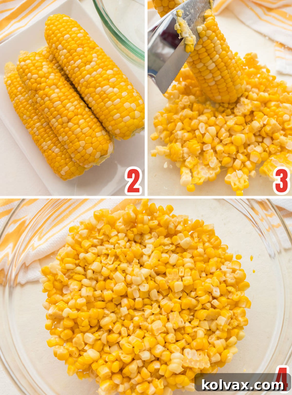 Collage image showing how to prepare the corn for the salad including cooking it, remove the corn from the ears and placing the corn in a bowl.