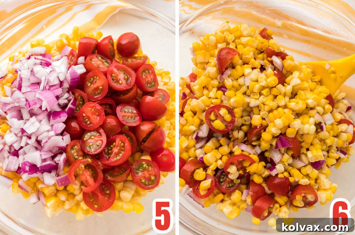 Collage image showing how to build the Summer Salad including add the cherries and red onion and the garlic basil dressing.