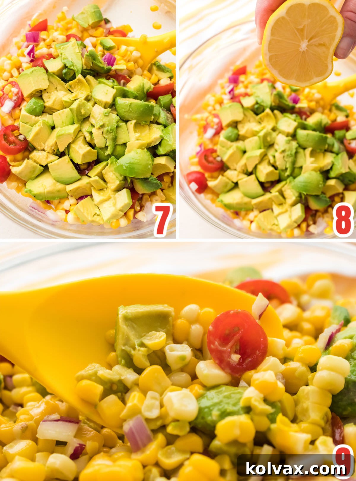 Collage image showing the steps for assembling the Corn Salad including adding the avocado and lemon juice.