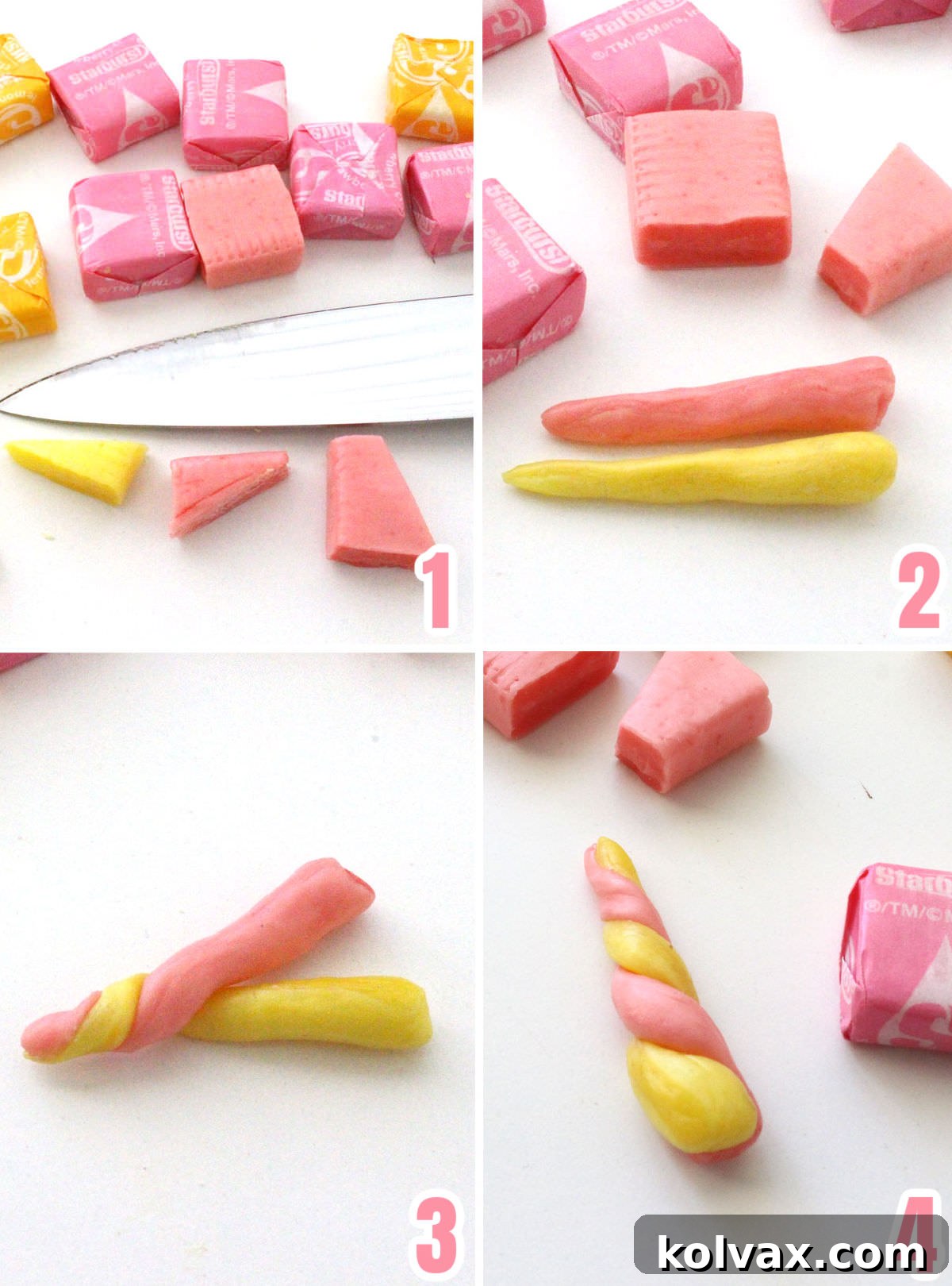 Collage image showing how to make Unicorn Horns out of Starburst Candies.