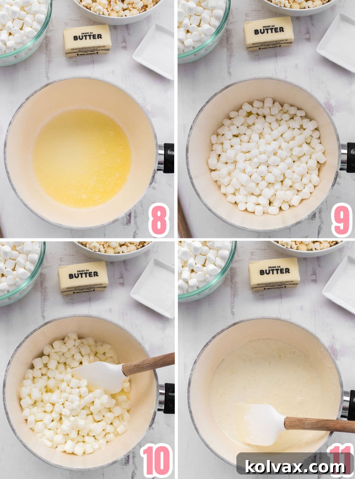 Collage image showing the steps necessary to make the marshmallow mixture for the popcorn.