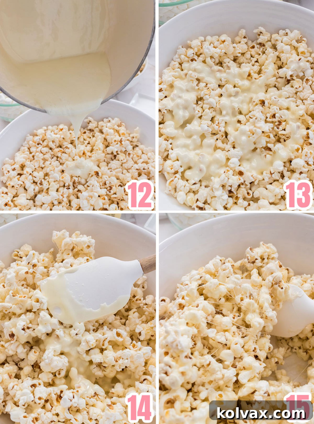 Collage image with step by step instructions on how to make the marshmallow popcorn.