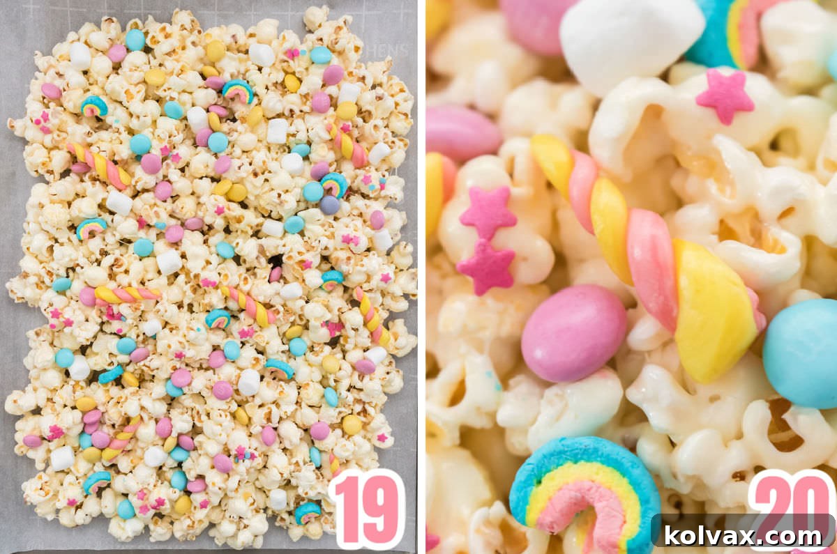 Collage image showing the steps required to add the candy mix-ins to the Unicorn Popcorn.