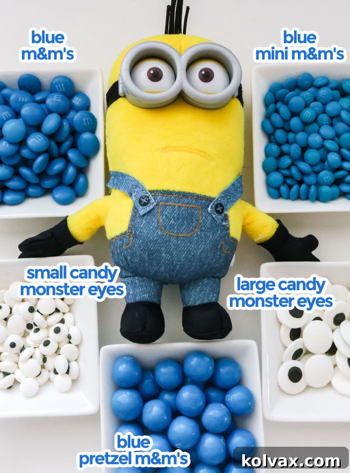 All the candy mixins you will need to make the Minions Popcorn including blue M&M's, Pretzel M&M's, M&M Minis and Candy Monster Eyes.