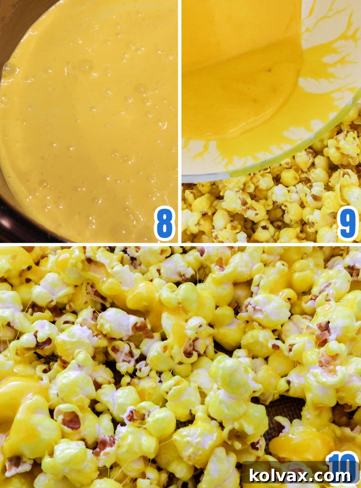 Collage image showing how to tint the marshmallow mixture yellow and then add the mixture to the popcorn.