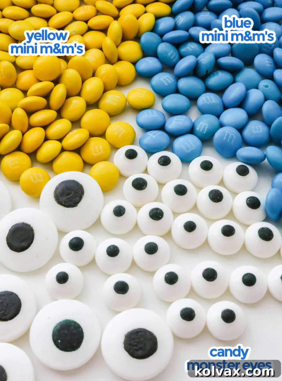 The extra ingredients you will need to make Minions Cookies including Blue and Yellow Mini M&M's and large and small Candy Monster Eyes.